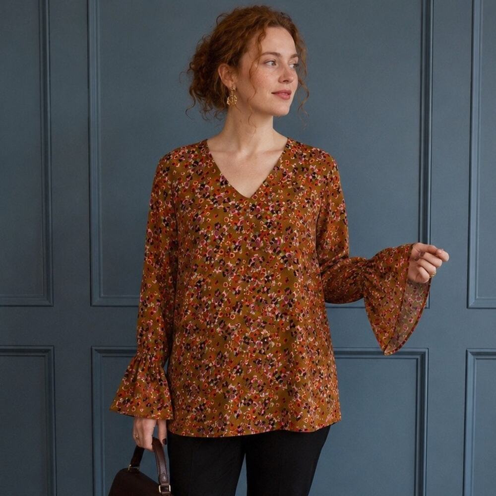 CAbi Burnished Blouse 4042 M Gold Floral Bell Sleeve Boho Art Teacher Fall Tunic